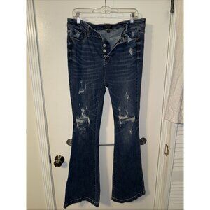 Judy Blue Trouser Flare Blue Jeans Womens 15/32 Distressed Button Fly